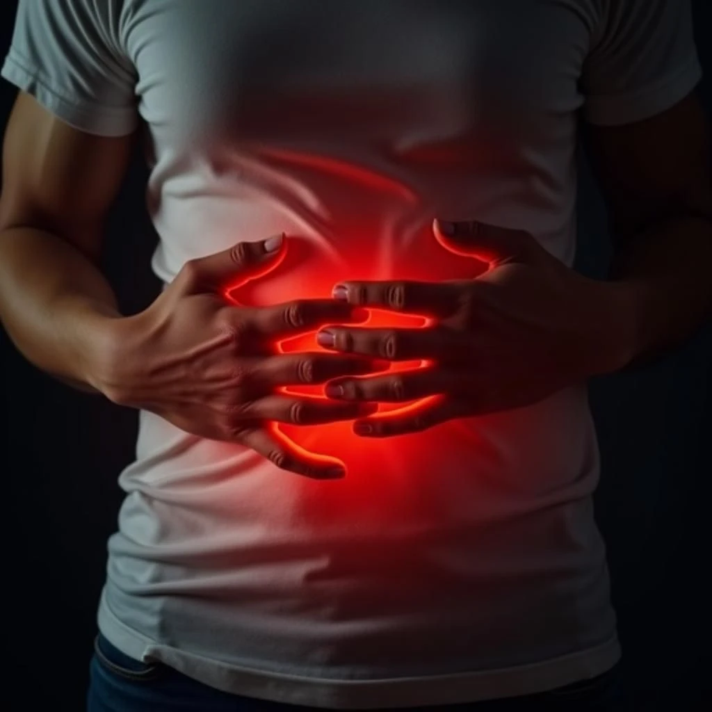 hands hold stomach with red light indicating pain